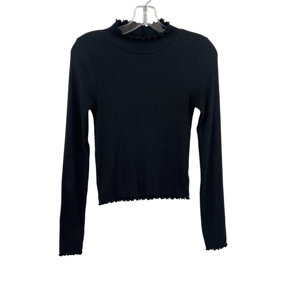 American Eagle Black Long Sleeve Cropped Mock Neck T-Shirt Womens Size Small